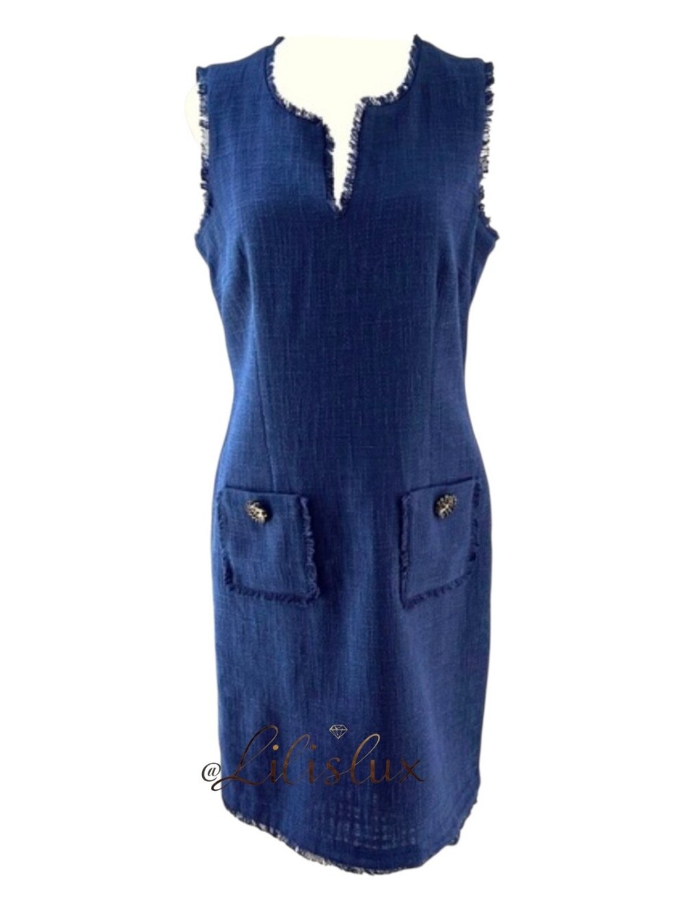 KARL LAGERFELD PARIS Sleeveless Tweed Fringe Sheath Dress Navy Size 10 EUC - Picture 3 of 15